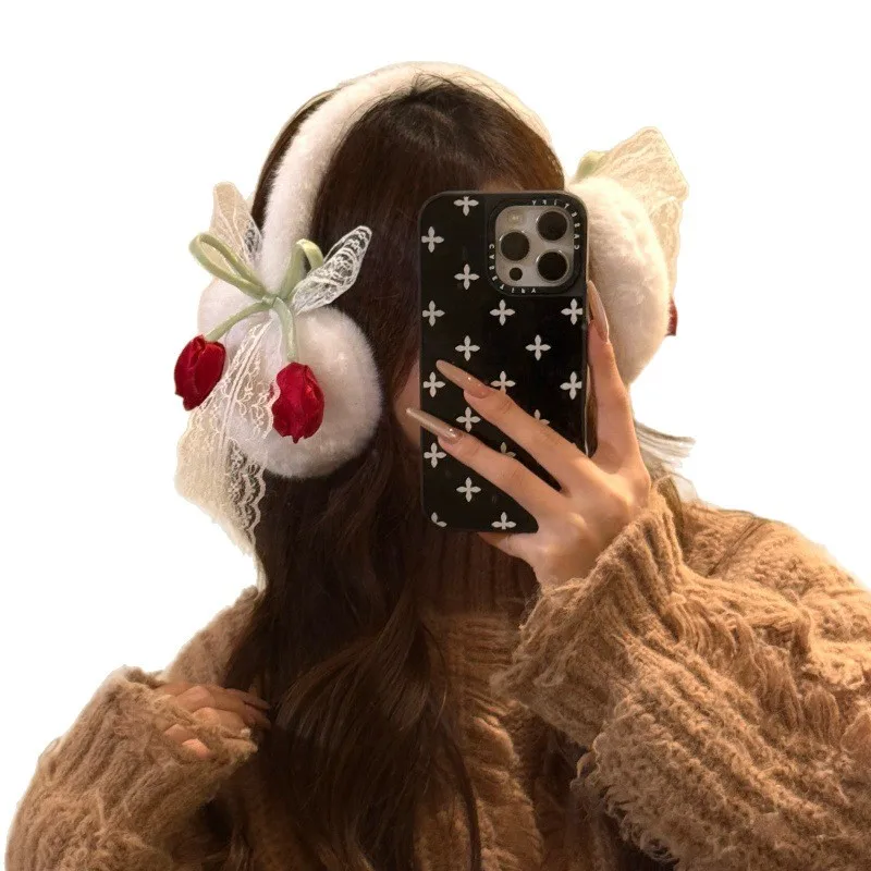 غطاء للأذنين للسيدات لطيف القوس توليب الحلو Kawaii Verstaile الشتاء أفخم سميكة الدافئة عالية الجودة الفاخرة العلامة التجارية سدادات حماية الأذن غطاء للأذنين #5