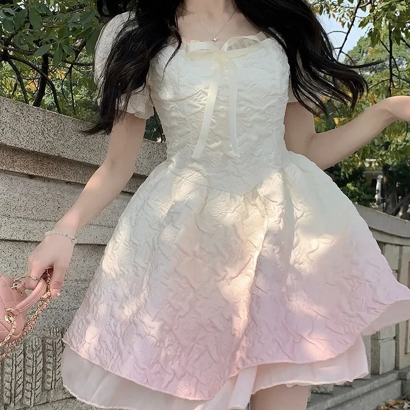 Japanese Fresh Sweet Lolita 2024 Summer Patchwork Bow Folds Lace Fashion Slim Elegant Minimalist Comfortable Puff Sleeve Dresses