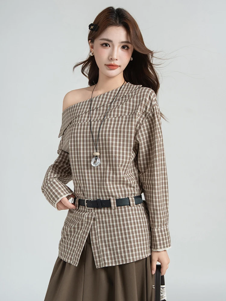 

Женская осенне-зимняя новинка: топ в клетку с диагональным рукавом, приталенный, универсальный, во французском стиле, для прогулок