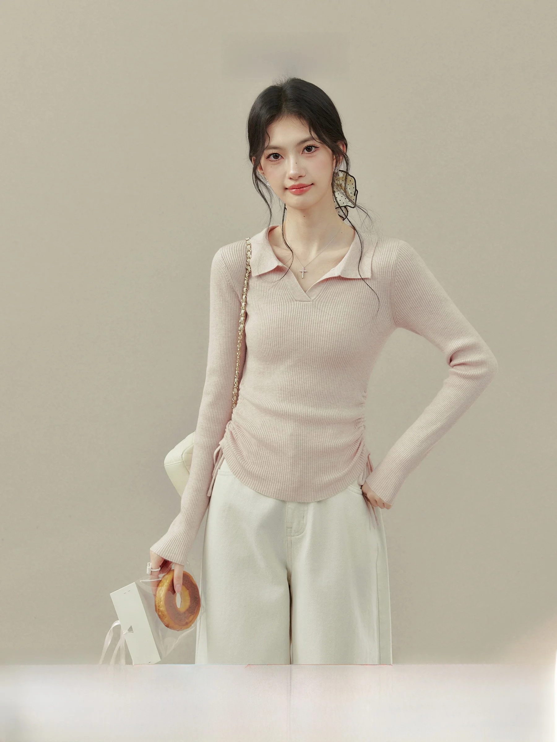 

Pink Collared Base Shirt Soft Comfortable Women's Knitted Top Slim Fit Spring Fashion Casual Wear Long Sleeve Regular Length