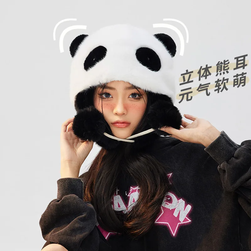 

Panda Hat Plush Hat for women Parent-child Autumn and Winter Hat Original Ear Protection Hat Plus Velvet Thickened Bomber Hats