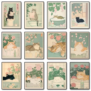Gato atigrado japonés en la bañera huellas estampados de lienzo 10 mejores inodoros de ventas pinturas divertidas - №4