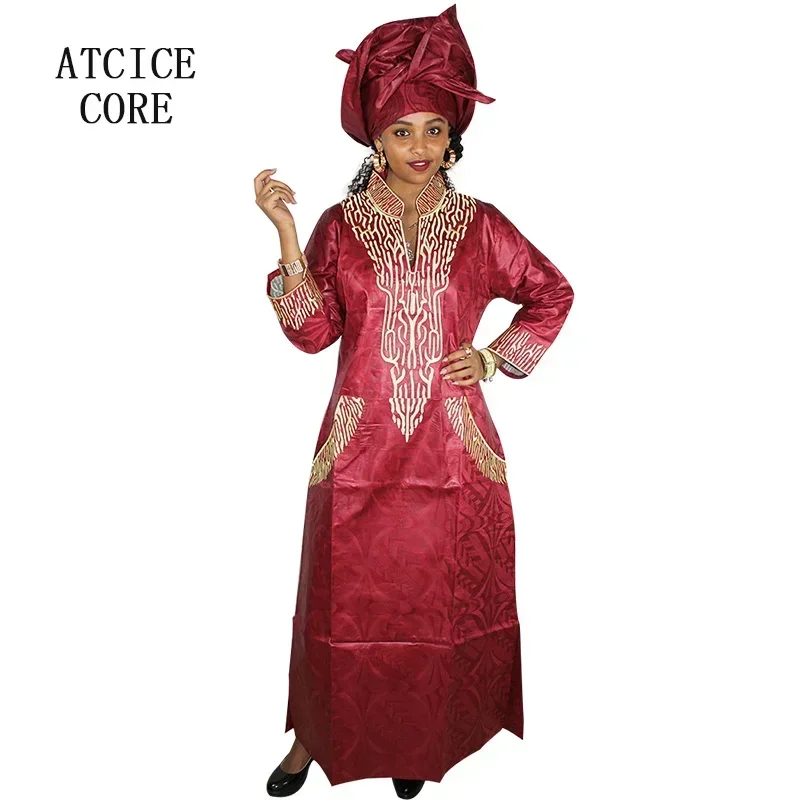 

African Dresses For Women Fashion Design New African Bazin Embroidery Design Dress Long Dress With Pocket With Scarf