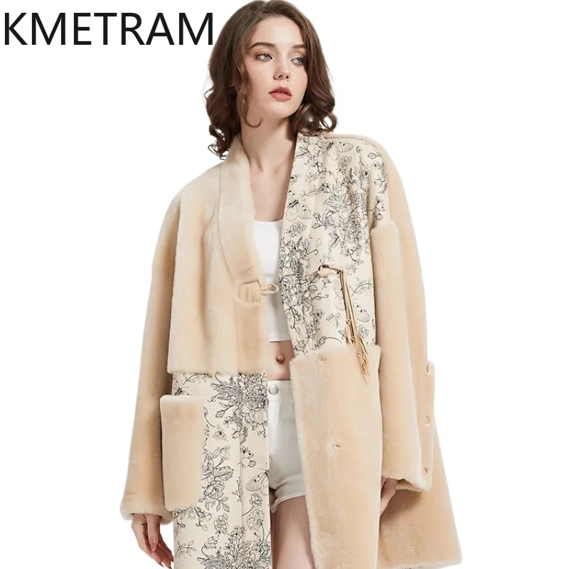 

KMETRAM Natural Sheepskin with Wool Atttached Fur Coats Woman 2025 Winter Mid Length Fur Jacket Elegant Clothing шуба женская