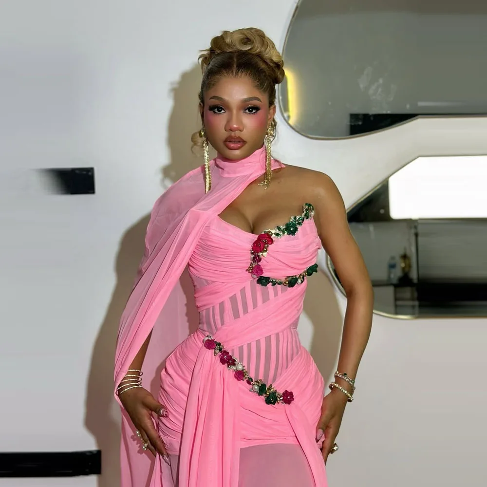 ชุดราตรีสีชมพูทรงเมอร์เมด คอสูง ประดับดอกไม้ทำมือ ไข่มุก ผ้าชีฟอง ชุดราตรีเซ็กซี่