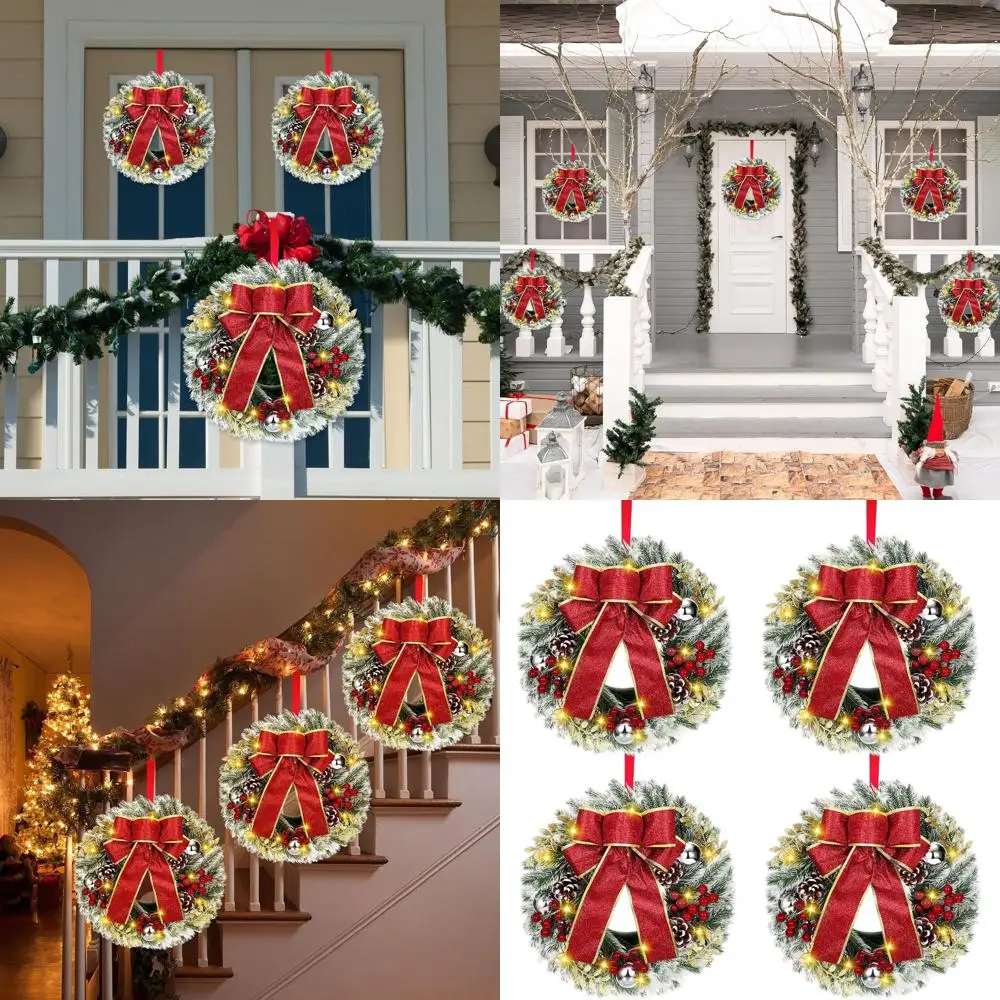 

Рождественские венки со светодиодной подсветкой на батарейках, 12-дюймовые венки из сосновых игл с большим бантом, серебро для входной двери, стены, Рождества