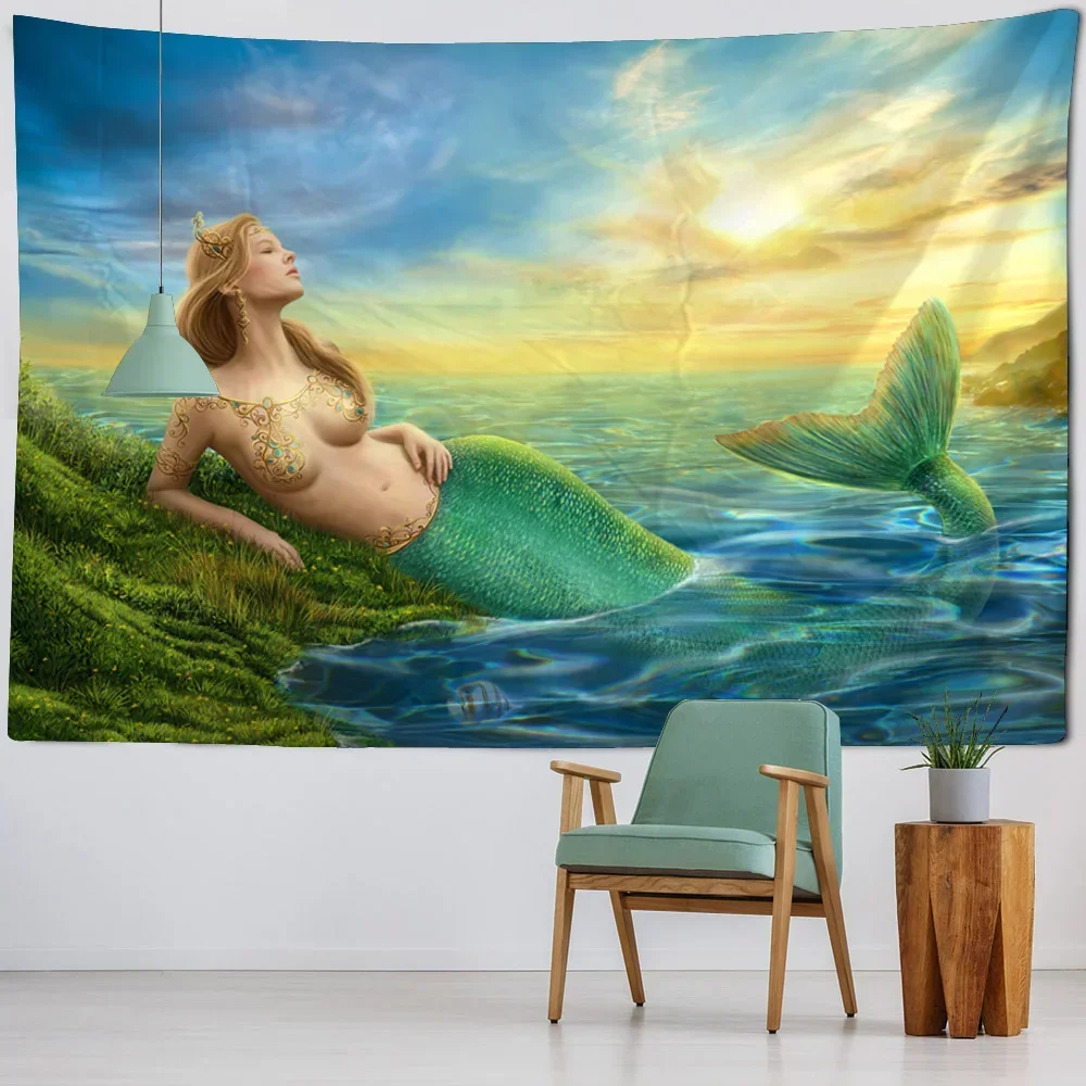 Fantasy Mermaid Underwater Palace Scene Tapestry Bohemian Bedroom Wall Hanging Art Decor