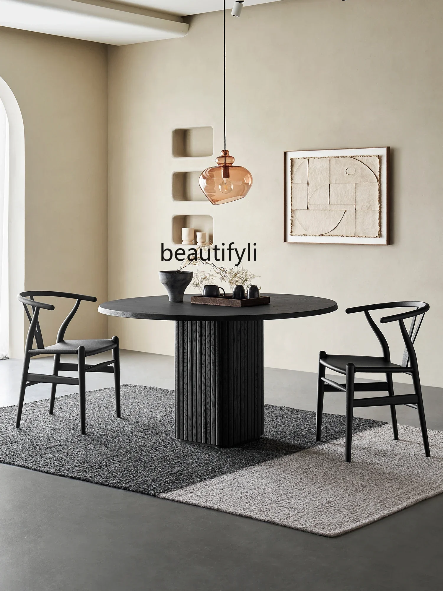 

1184Black Italian Oak Solid Wood round Table Modern Minimalist