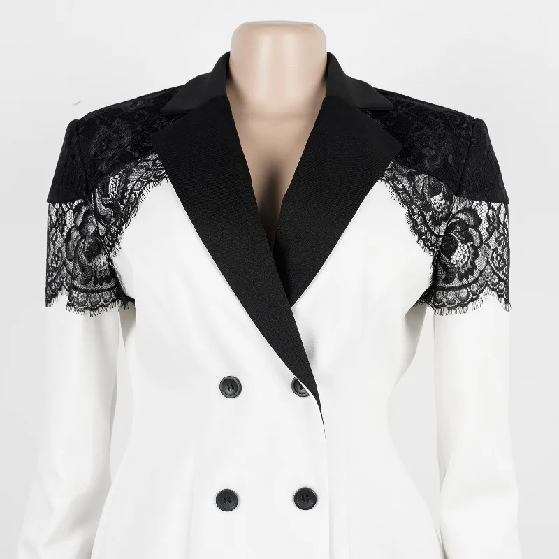 Elegante chaqueta de retazos de encaje, conjunto de 2 piezas para mujer, abrigo de doble botonadura de manga larga con muescas, Top + Pantalones rectos, trajes informales