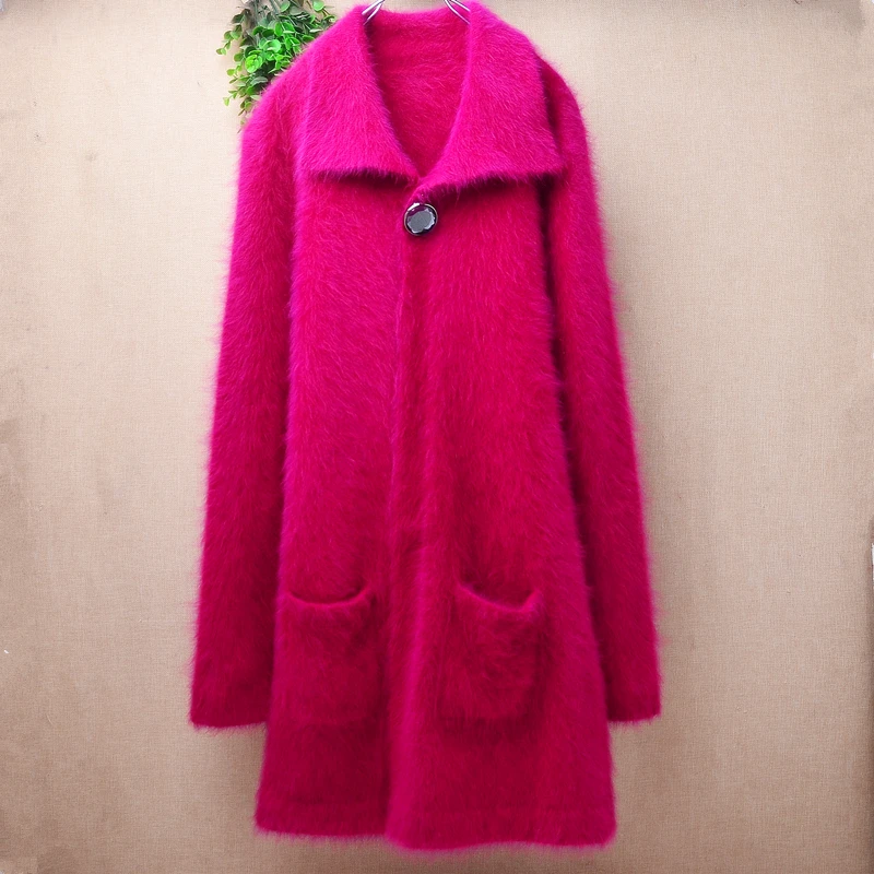 

Ladies Women Autumn Winter Fashion Pull Rose Hairy Mink Cashmere Knitted Turn-Down Neck Long Sleeves Loose Cardigans Jacket Coat