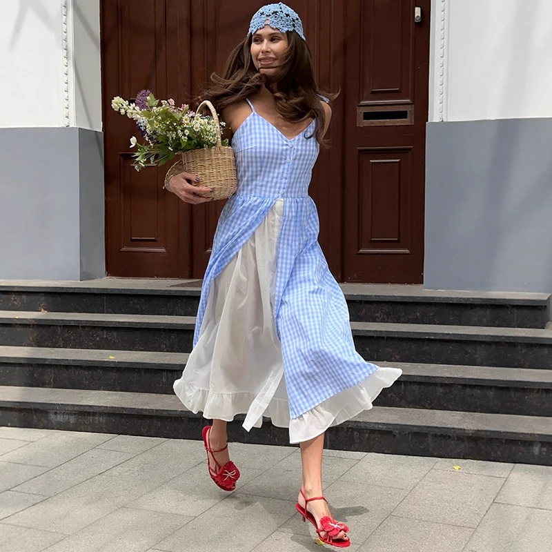 

Tornova Casual Blue Plaid Printed Dress For Women Single Breasted Splice Sling Long Dress 2026 Summer Fashion Vacation Dresses