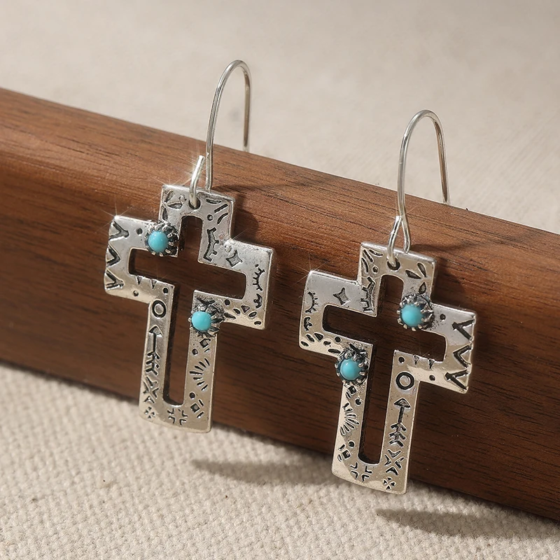 Ethnische Silberfarbene Blaue Stein-Kreuz-Ohrhänger für Damen Metall Handgeschnitzte Hohle Ohrringe für Party und Alltag – Detail 2