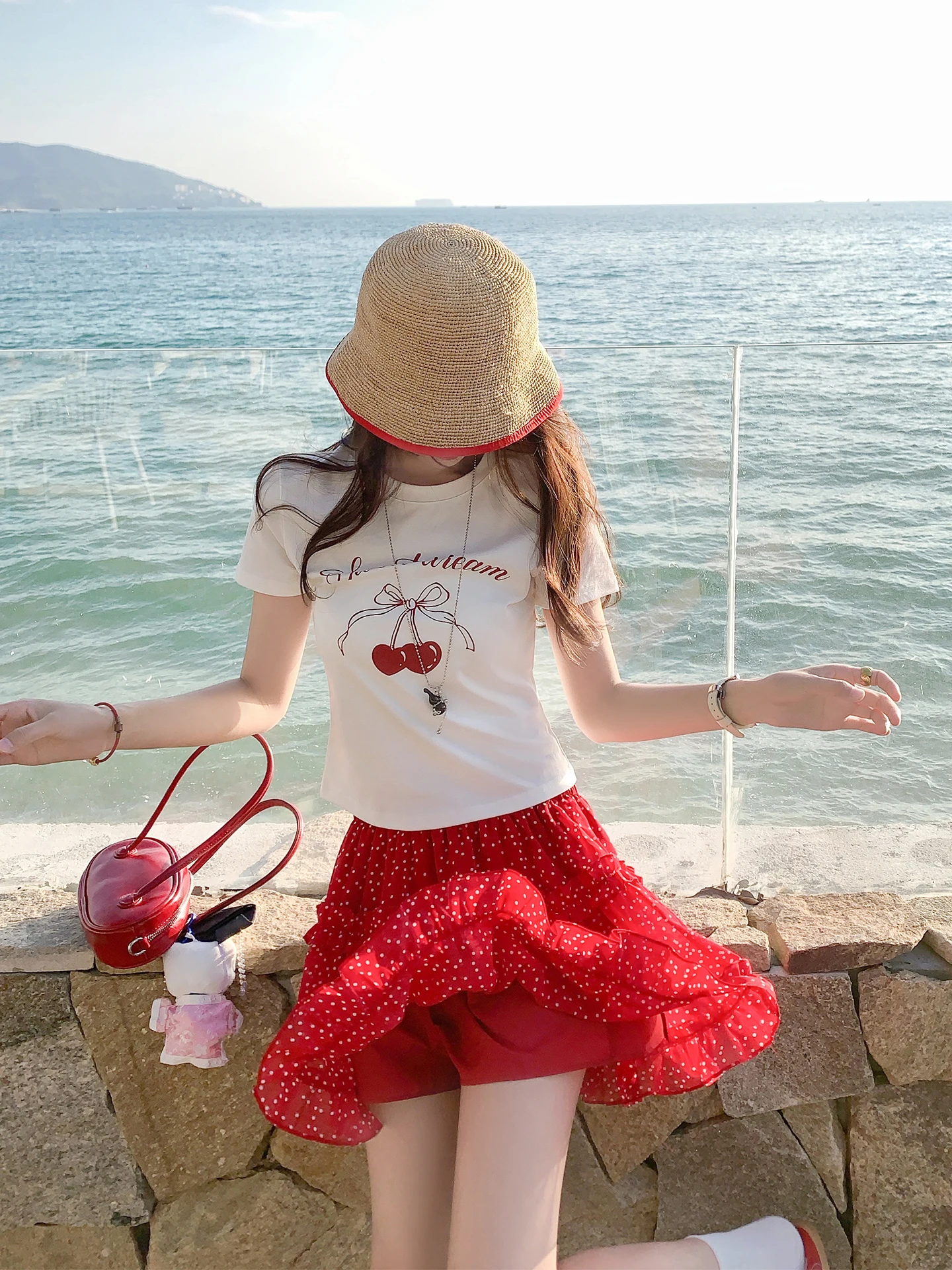 

Red Polka Dot A-Line Skirt Women's Spring New High Waist Slimming f-length Skirts Korean Sle Commute Folded Ladies