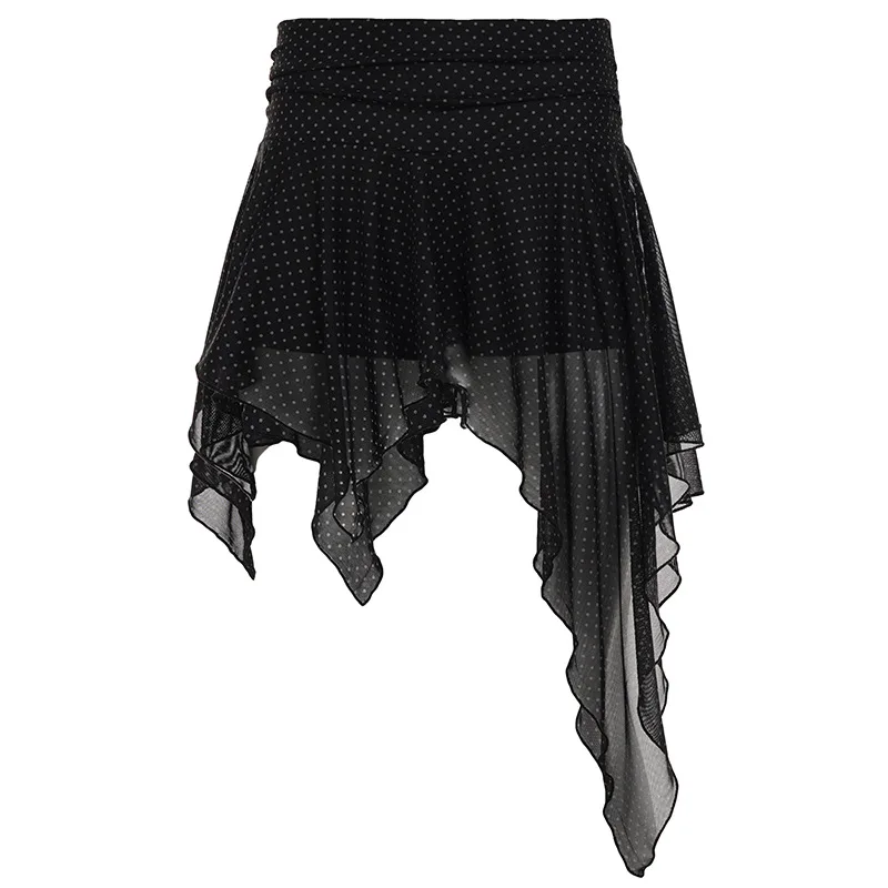 Europe and the United States dark polka-dot printed low-waisted skirt sexy slim mesh stitching irregular skirt in summer.