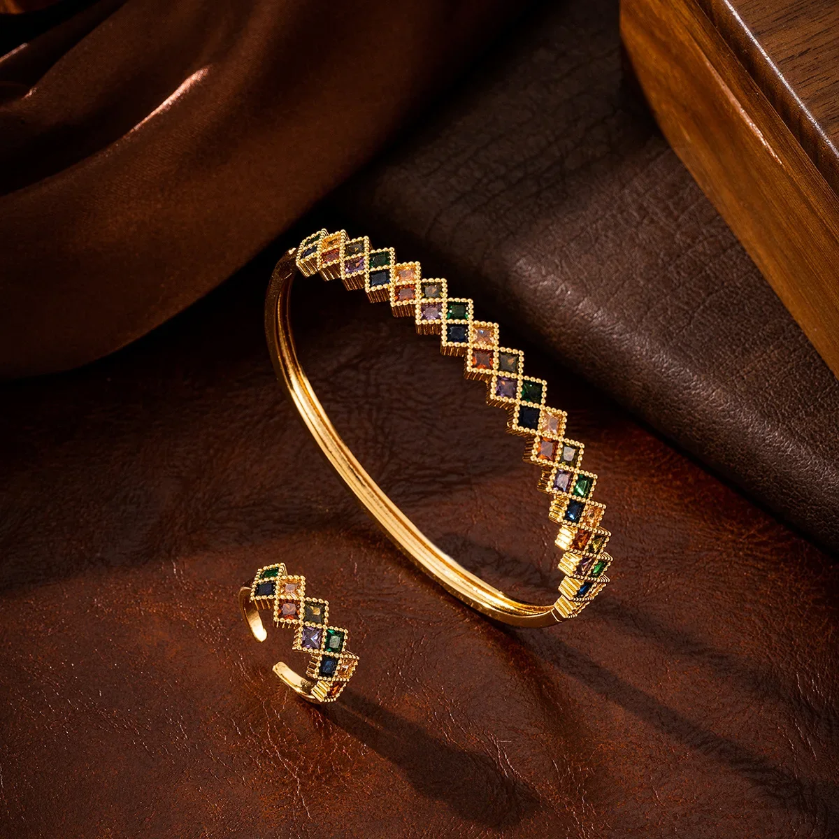 2025 Geometric Square Colorful Zircon Bangle & Open Ring Set Multi-Color Rhinestone Women's Fashion Jewelry Gift