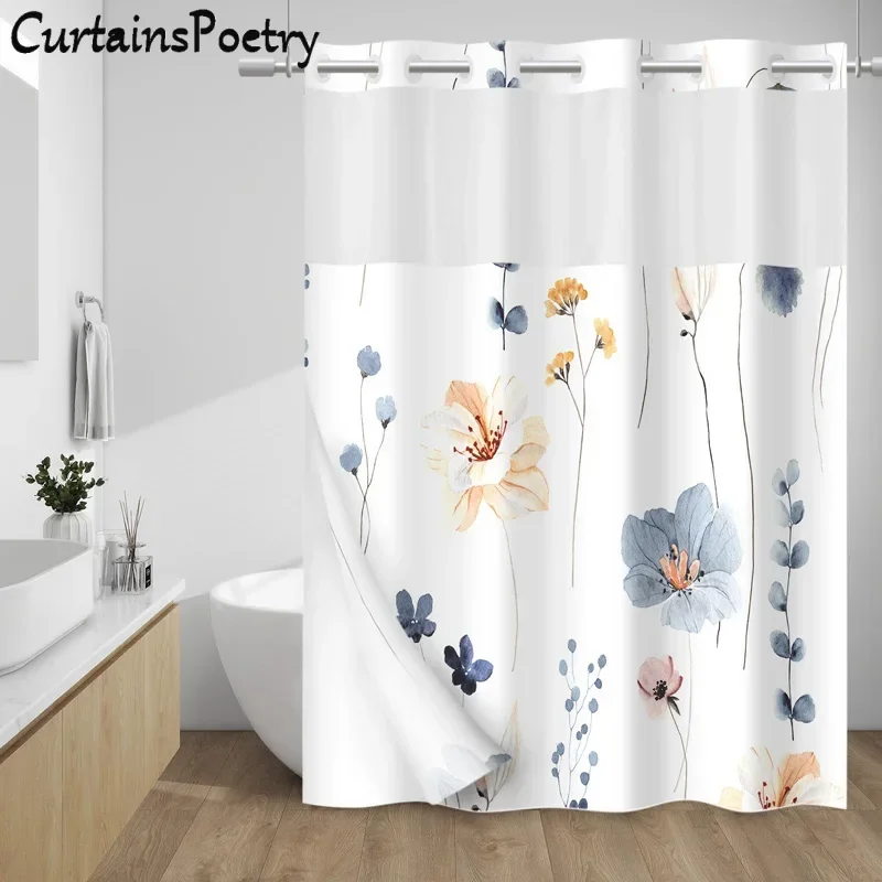 

No Hook Floral Shower Curtain with Snap-in Fabric Liner Flower Shower Curtain with See Through Top Window for Bathroom Hotel Spa