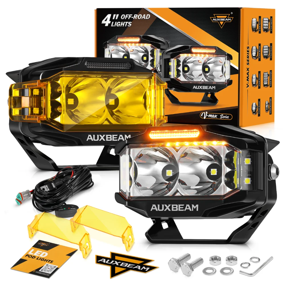 AUXBEAM 4x2.5inch LED Work Light 72W Spot Flood Combo Spotlights Pod with Double-Side Shooter Lights Amber DRLwith Wire Harness