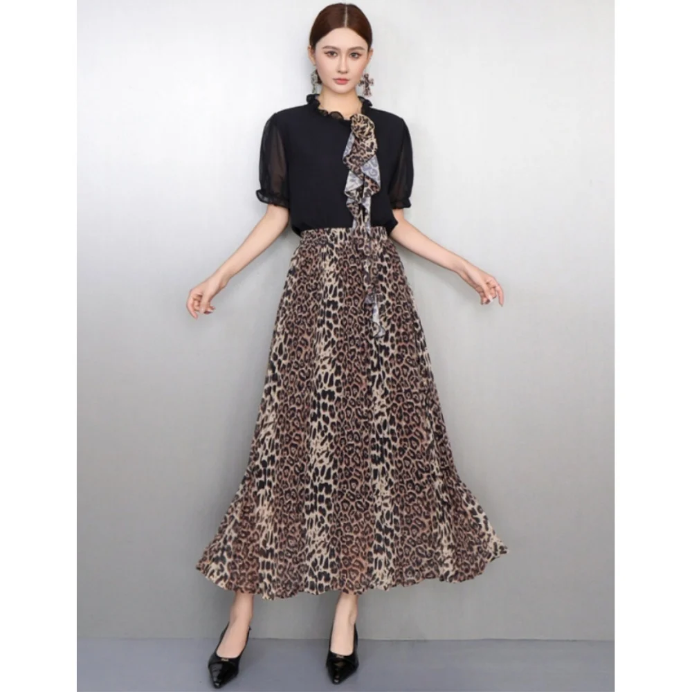 

2026 Spring French-style Leopard Print Women Two-piece Set Short-sleeved Ruffled Shirt + Long Skirt Large Hem XY42