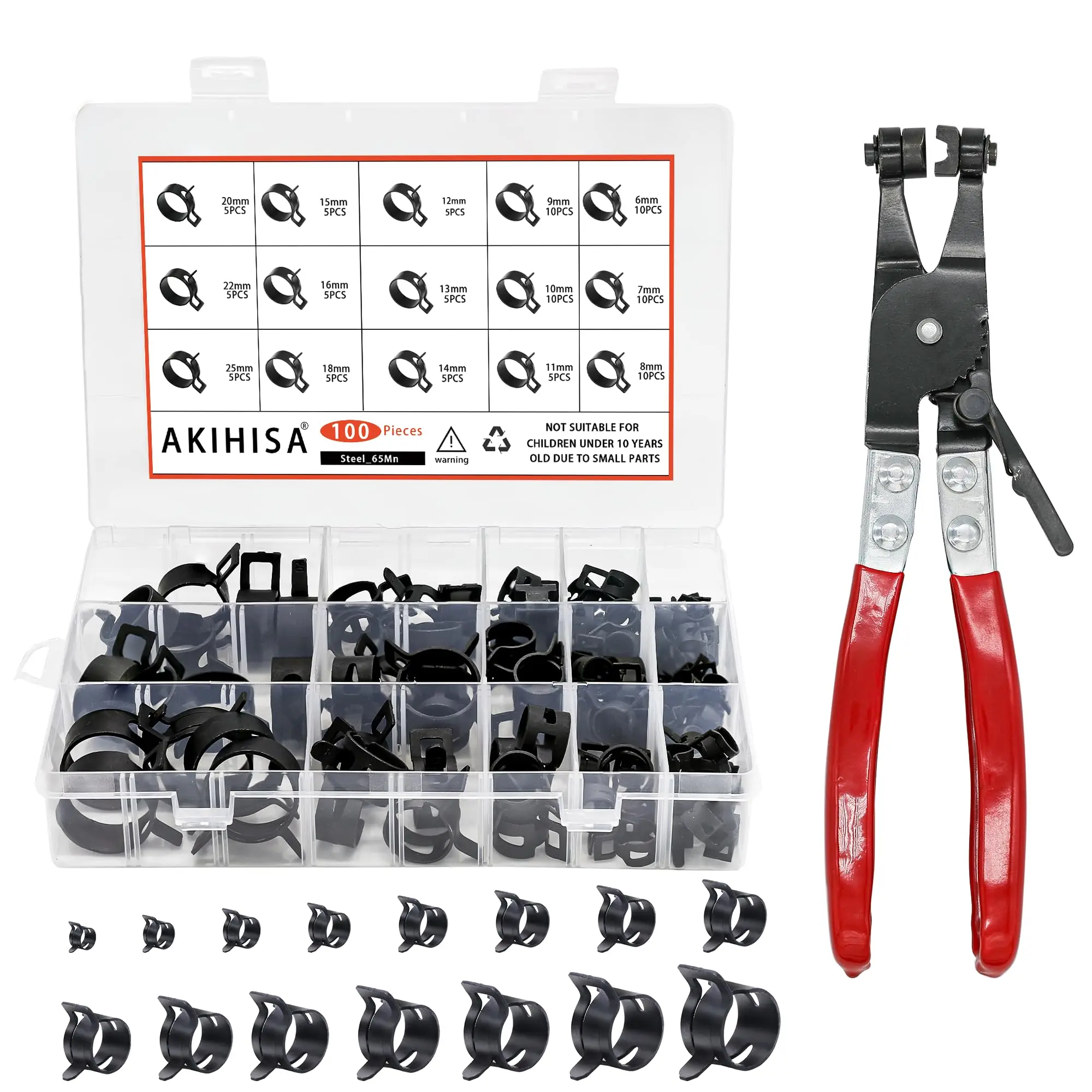 100Pcs 6-25mm Spring Band Hose Clamp with Pliers Assortment Kit Fuel Line Silicone Vacuum Hose Water Pipe Clamp Air Tube Clip