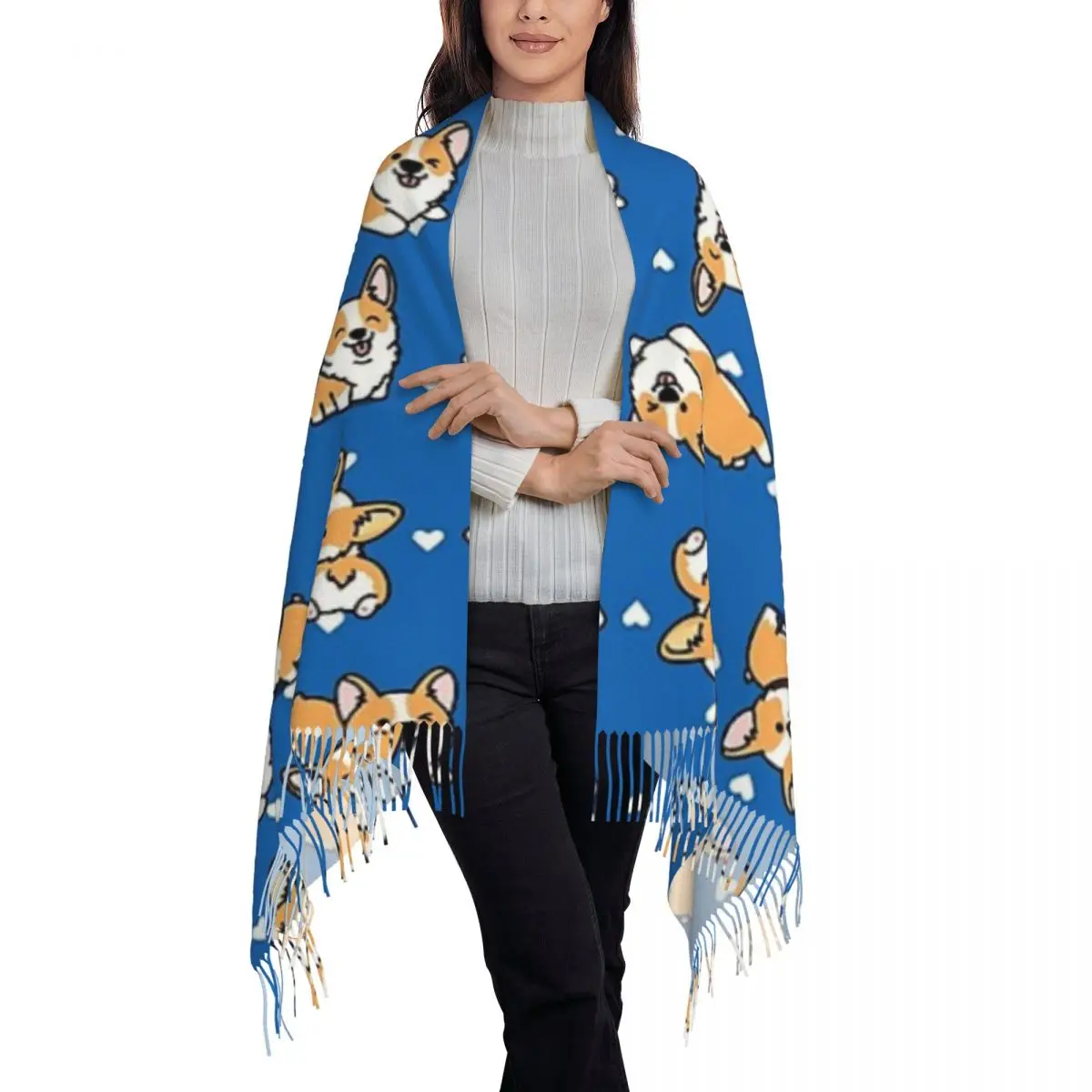 Kawaii Corgi Scarf Tassel Scarves for Women Soft Warm Shawls and Wraps Large Fall Winter Shawl Wrap