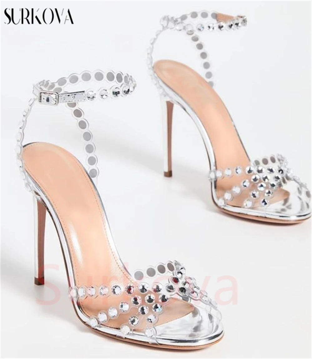 

Transparent Silver Rhinestone Peep Toe Stilettos Sandals Metal Buckle Hollow Back Strap Crystal High Heels Women Wedding Shoes