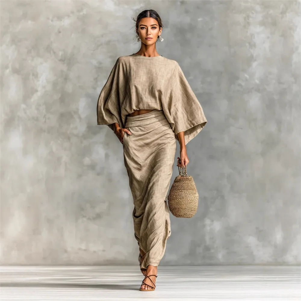 

2025 Fashion Cotton Lines Bat Women's Tops + Skirt 2-piece Set Spring Autumn New Style Slit Pocket Half-length Skirt Female Set