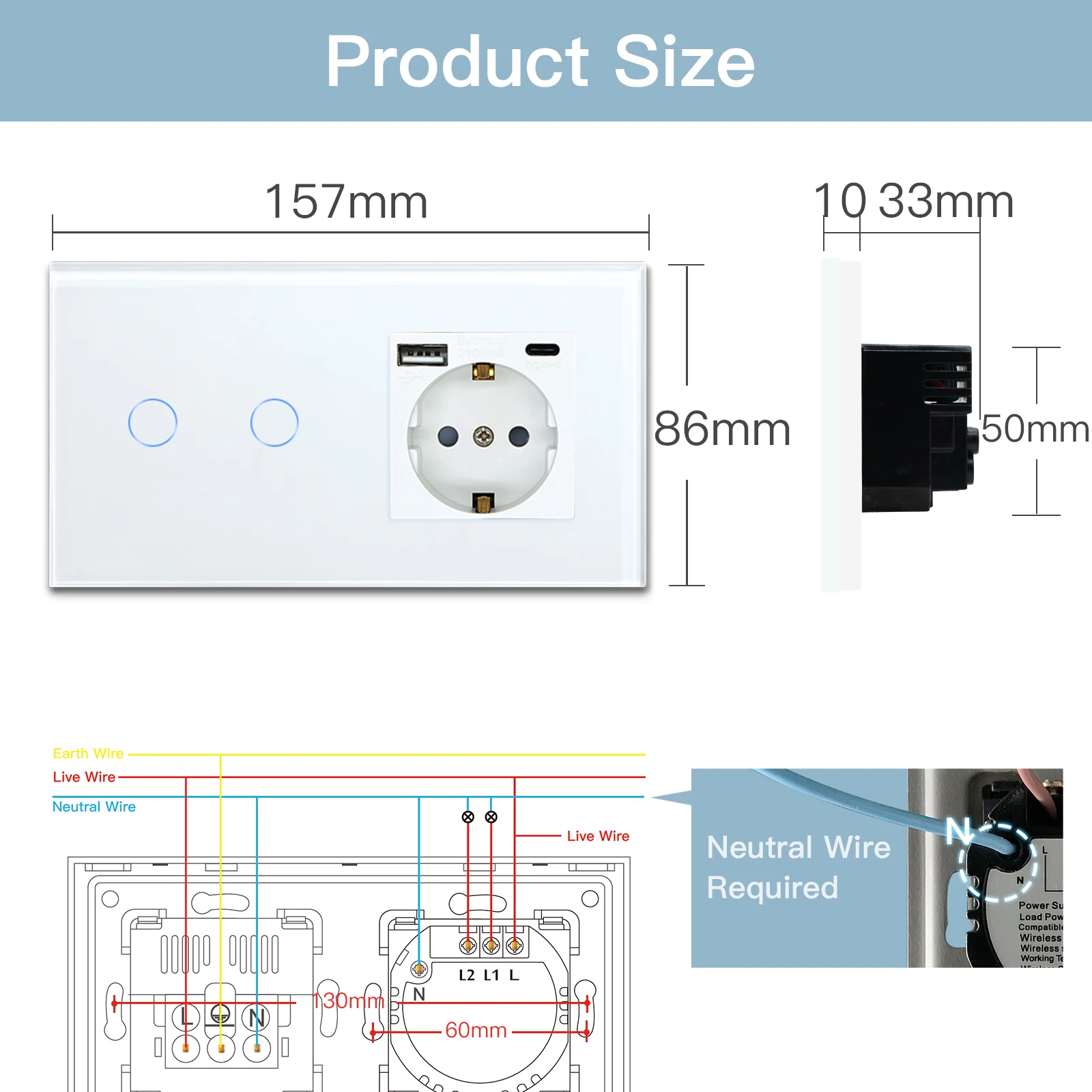 BSEED ZigBee Touch Switches 1/2/3Gang 1/2/3Way Sensor Wall Light Switches Smart Tuya Alexa With EU Standard Type-c Power Socket