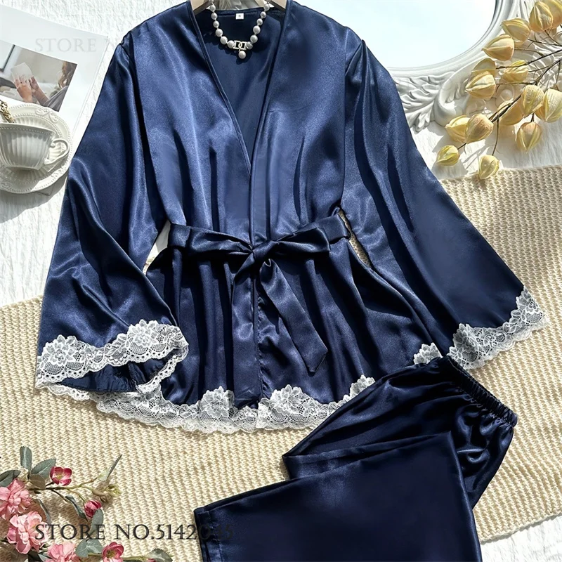 

Elegant Silk Satin Pajams Set Women's Sleepwear Sexy Lace Trim Lingerie Cardigan Trouser Pijamas Suit Loose Homewear Lounge Wear