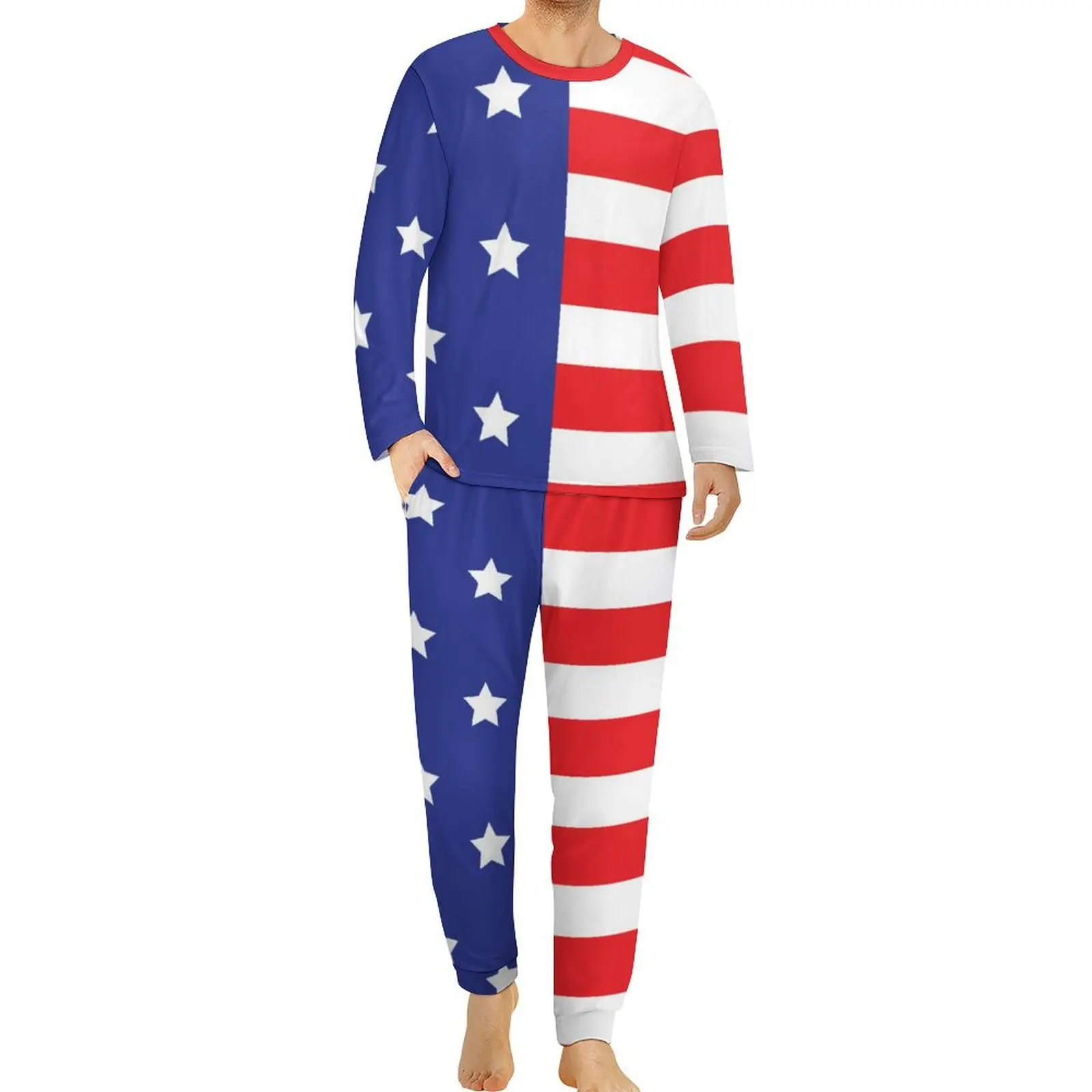 Conjunto de pijama con estampado de rayas y estrellas para hombre, ropa de dormir elegante de manga larga, diseño de dos piezas, bandera americana, otoño