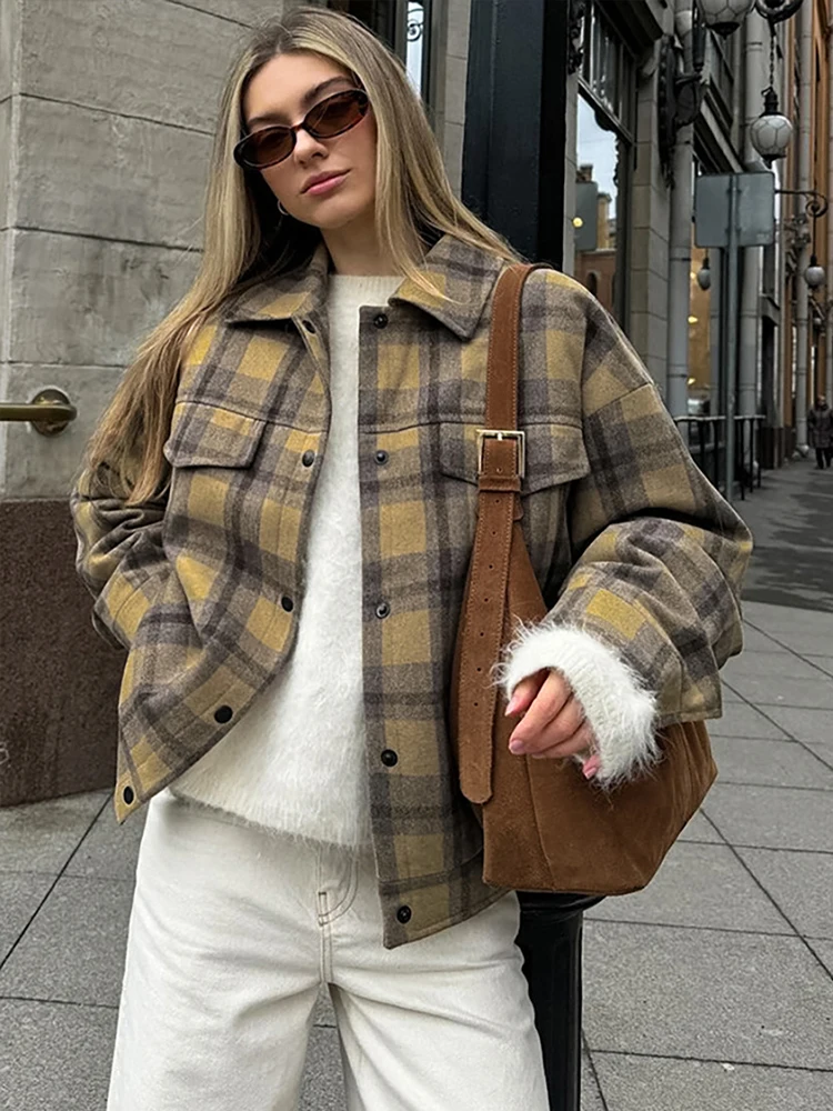 

Mueyaruho Winter Autumn 2024 Women Woolen Jacket Plaid Khaki Long Sleeve Tops Outwear Coat For Women