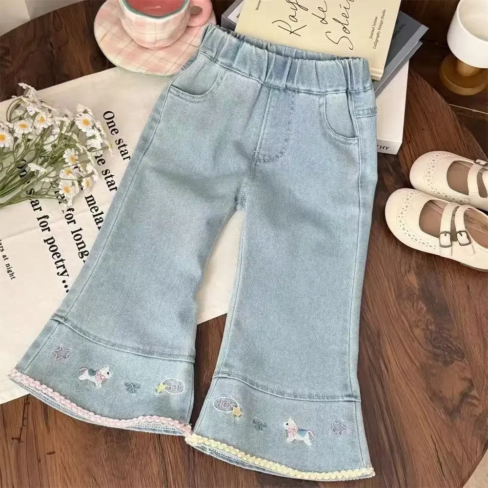 

Spring and Autumn Girls' Set Fashion Children's Cartoon Printed Long Sleeve Doll Shirt+Embroidered Jeans Two-piece Set