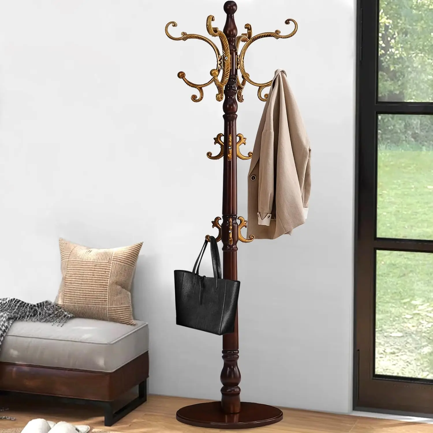 Coat Rack Freestanding, Wooden Tree with Stable Round Base, Heavy Duty Rack Stand with 14 Hooks, Coat Hanger Stand for