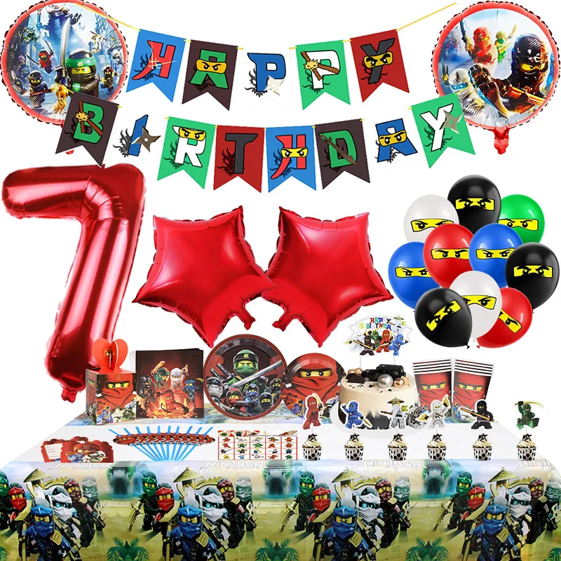 Decoração de festa de aniversário ninja para crianças, suprimentos para eventos, blocos, balões, cenário de látex, talheres descartáveis, balão de folha