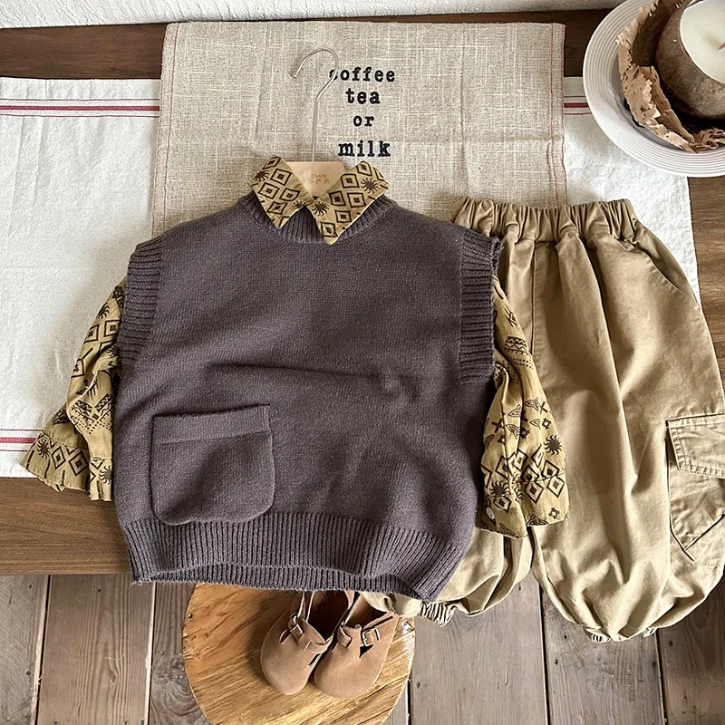 2023 New Fashion Solid Colors Kids Vest Children Knitted Vest Autumn Winter Korean Sleeveless Sweater boys vest