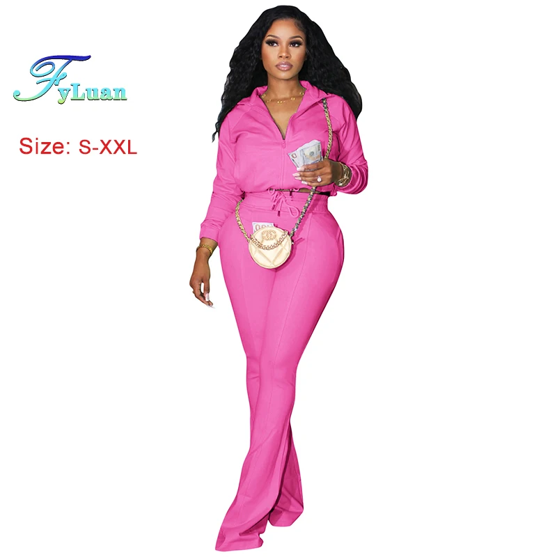 

Повседневные женские спортивные костюмы, однотонный комплект с отложным воротником на молнии, короткая куртка и тонкие широкие брюки с завязками, комплект из двух предметов