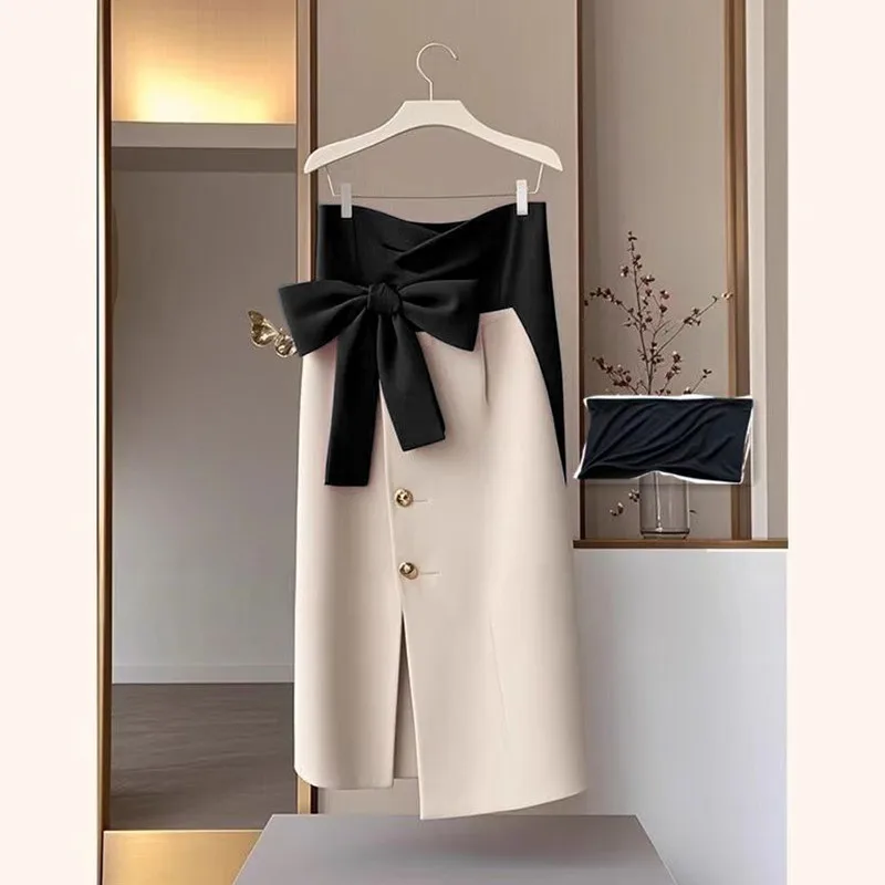 Elegant Bow Party Skirt Spring New Fashion Single Breasted Office Lady Midi Jupe Women's Slim Asymmetric Patchwork Faldas 855P