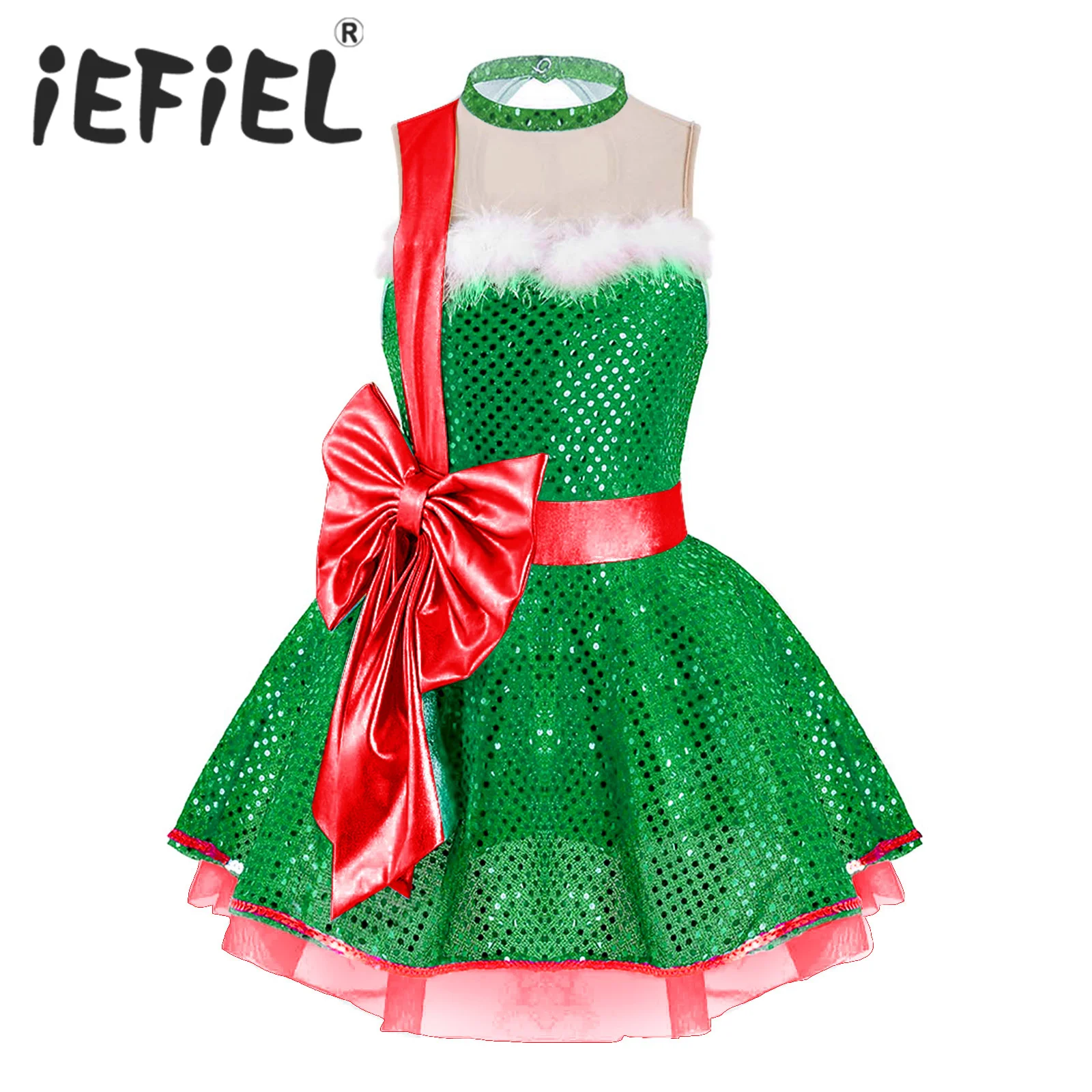 

Kids Girls Sequins Christmas Costume Xmas Fancy Party Cosplay Dancewear New Year Leotard Figure Skating Ballet Dance Tutu Dress