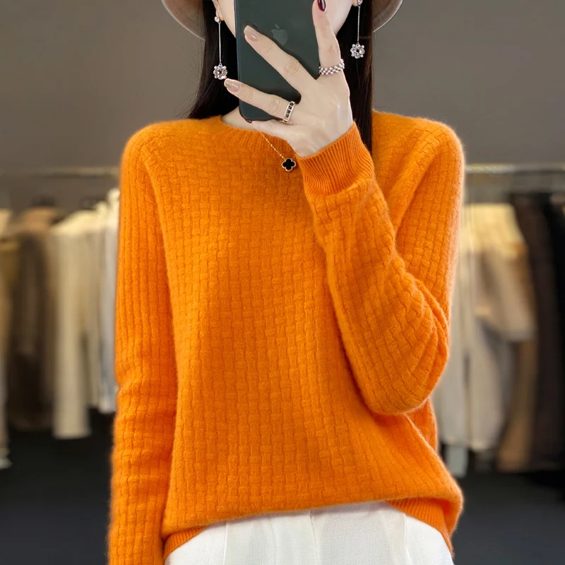 100% Merino Wool Sweater Women\'s O-neck Pullover Loose Knit Underlay Fashion Long Sleeve Cashmere Top in Autumn and Winter