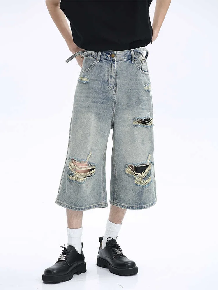 

Summer Vintage Washed Ripped Light Blue Seven-Foot Loose Wide-Leg Short Jeans Street Style Casual Loose Straight Tube Pants