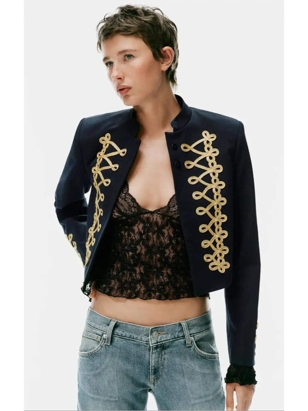 Casual Style Color Block Suit Jacket Short Length Rope Knot Buckle Women's Business Wear Standard Fit Long Sleeve Polyester F...