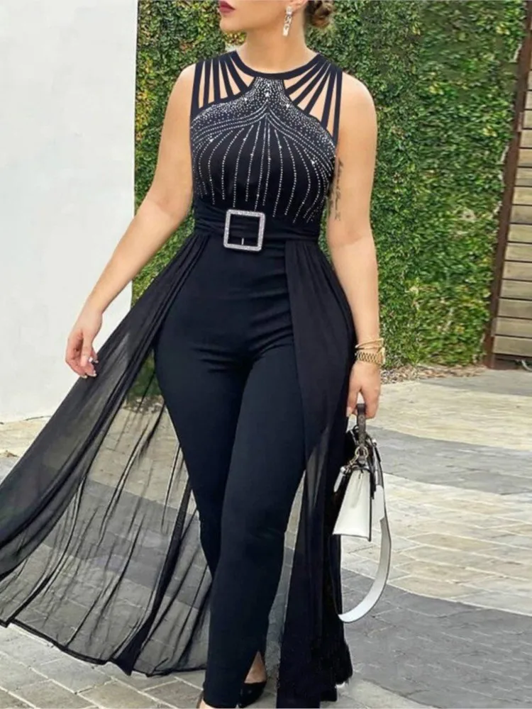 Summer Sleeveless Lace Up Women\'s Elegant Long Jumpsuit Fashion Hot Drill Waist Mesh Mop Slim Fit Female Party Jumpsuit 2025