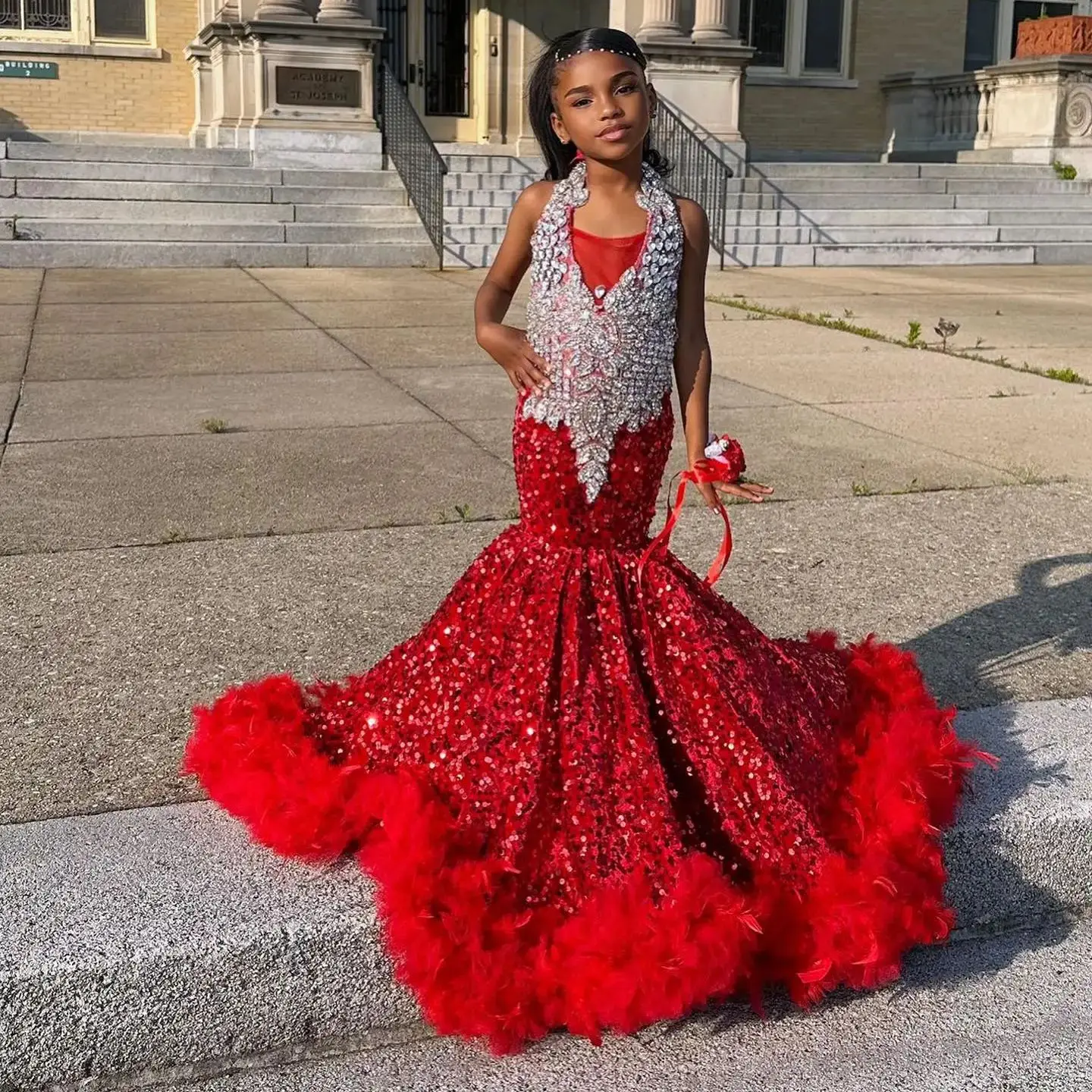

Luxury Red Mermaid Flower Girl Dresses Sequined Feather Princess Customized Black Girls Birthday Gowns Party Pageant Dress
