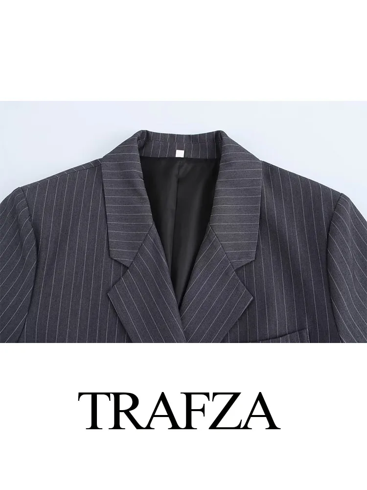 TRAFZA Blazer larghi primaverili da donna Striscia grigio scuro Colletto rovesciato Maniche lunghe Tasche Cappotti doppiopetto moda femminile