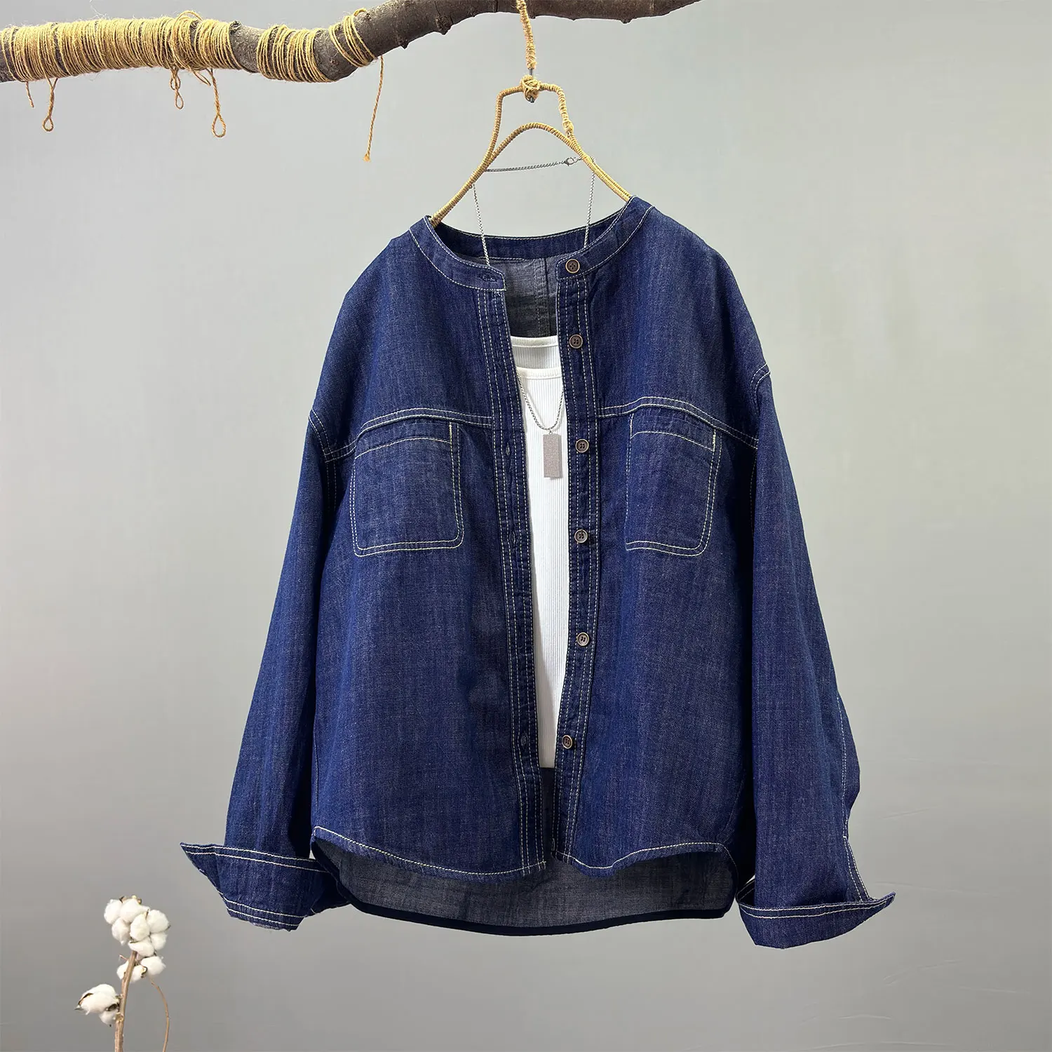 SuperAen High Street Fashion Blue O-neck Simple Cotton Long-sleeved Denim Shirt for Women New 2026 Autumn Coats