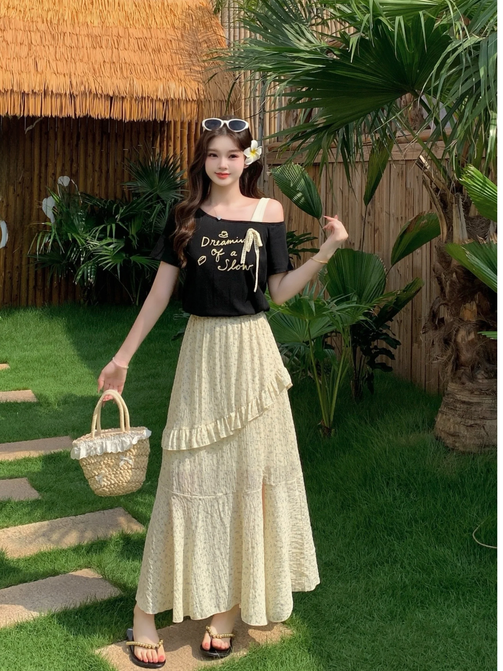 

plus Size Women's Sweet Floral Print Asymmetrical Shoulder Short Sleeve Dress Summer New High Waist A-Line Skirt Dress