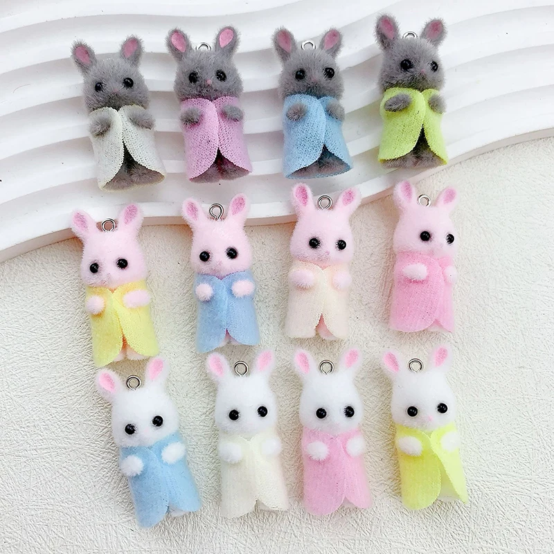 1PCS Kawaii 3D Flocking Rabbit Charm Cute Rabbit Earring Keychain Pendant DIY Accessories