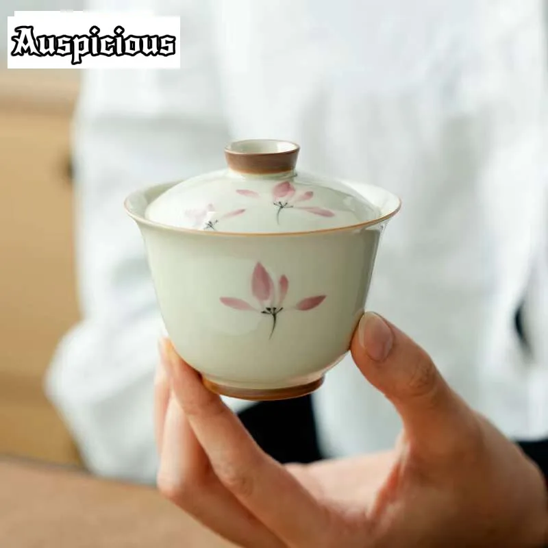 

Pure Hand-painted Pink Orchid Gaiwan Retro Plant Ash Small Tea Tureen Household Tea Brewing Cover Bowl for Tea Accessories Gift