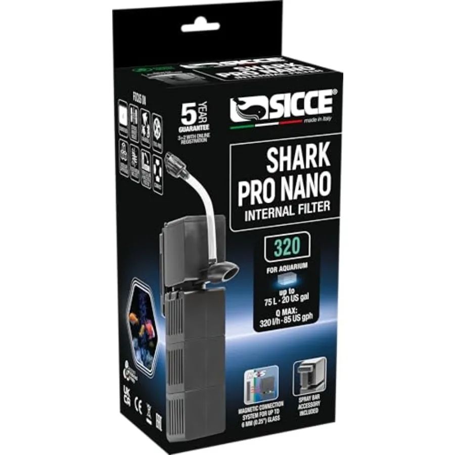 

Внутренний фильтр Shark Pro Nano 320 для аквариумов до 20 галлонов (85 GPH) с бесшумной распылительной штангой для мини-аквариумов, прудов и резервуаров для рыб и черепах