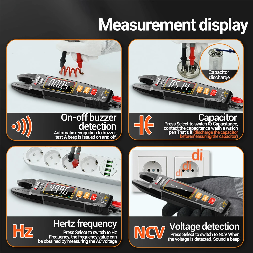 지능형 디지털 클램프 계량기, 4000 카운트, AC/DC 전압 전류, 휴대용 멀티미터 커패시턴스 저항 테스터, PN130