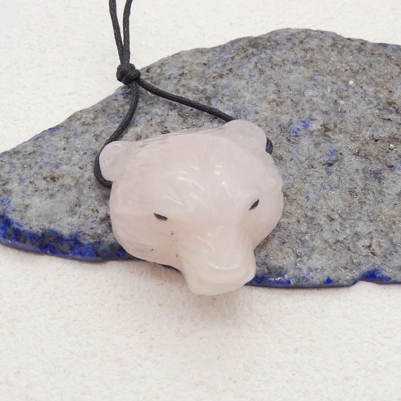 Carved Animal Pendant Natural Stone Rose Quartz Fashion Cute Bear Head Pendant DIY Jewelry Making 33x28x18mm 19g